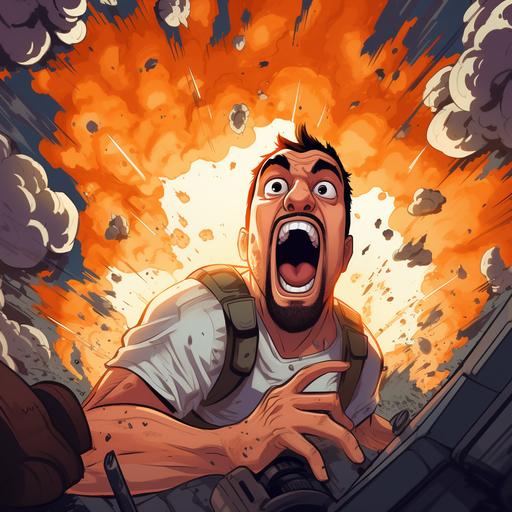 cartoon style, background (nuke map from Counter-Strike 2), one good person screaming with the hands on is head, big white open eyes, big mouth open, other person that is bad just being dumby.