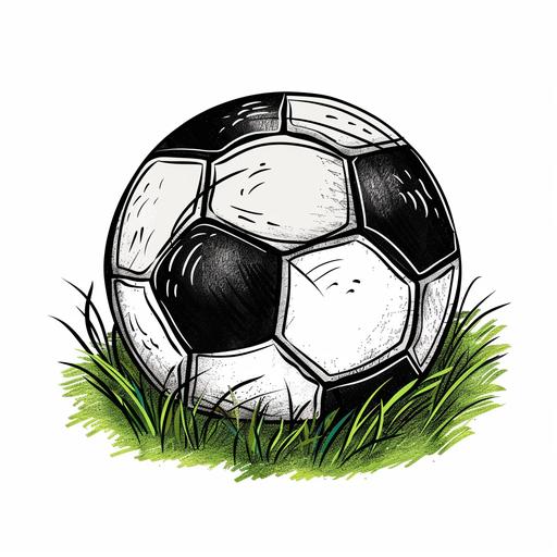 cartoon style black and white coloured football, whimsical style, with a tuft of green grass under football on a white background