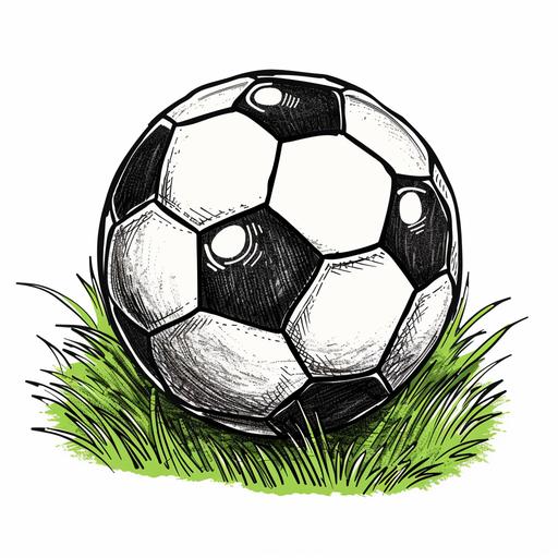 cartoon style black and white coloured football, whimsical style, with a tuft of green grass under football on a white background