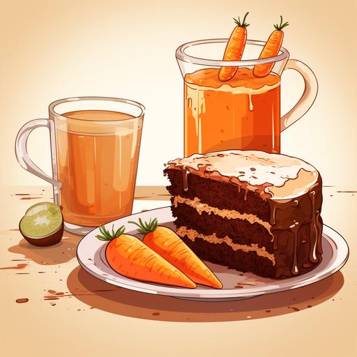 cartoon style carrot cake and jug with carrot juice and glasses in sepia colors
