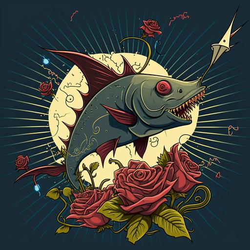 cartoon style: catfish on a bed of roses with pointed lightning bolts. Include a jester and crow