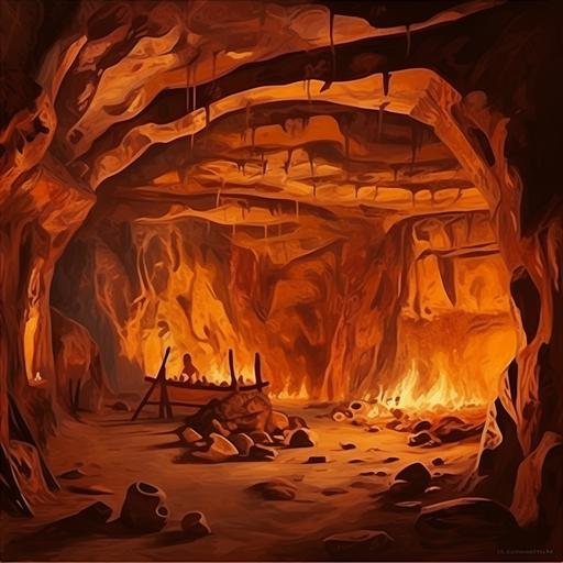cartoon style cave, a fire is burning in the cave, prehistoric rock paintings on the walls, view from the outside, in brown, orange and yellow colors