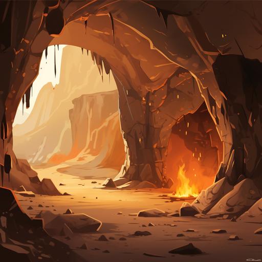 cartoon style cave, a fire is burning in the cave, prehistoric rock paintings on the walls, view from the outside, in brown, orange and yellow colors