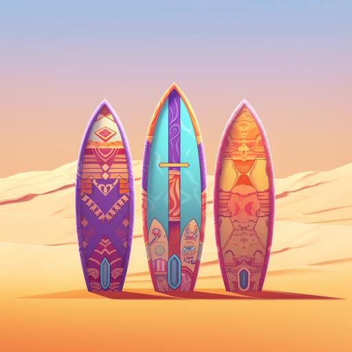 cartoon style, colorful surfboards stuck in sand, zero background