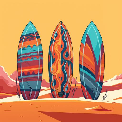 cartoon style, colorful surfboards stuck in sand, zero background