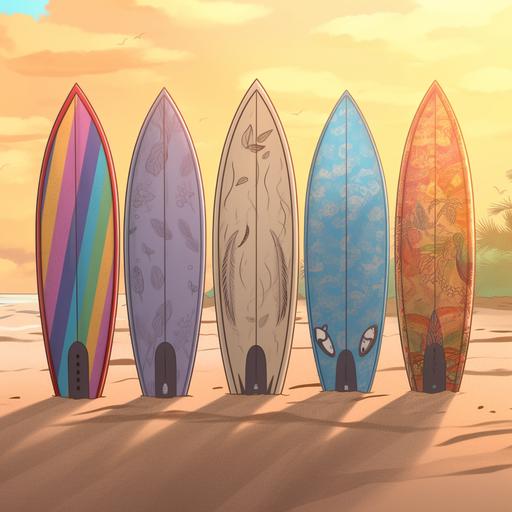 cartoon style, colorful surfboards stuck in the beach sand, no background