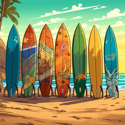 cartoon style, colorful surfboards stuck in the beach sand, no background