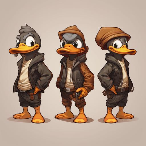 cartoon style concept art character, funny duck bird, robber clothes, full body