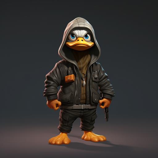 cartoon style concept art character, funny duck bird, robber clothes, full body