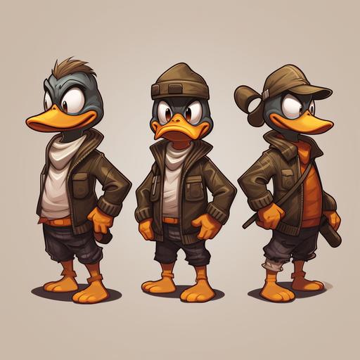 cartoon style concept art character, funny duck bird, robber clothes, full body