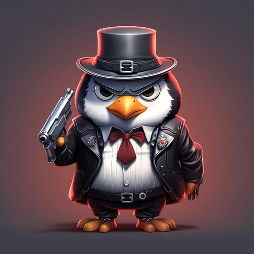 cartoon style concept art character, funny penguin bird, gangster clothes, holding revolvers, full body