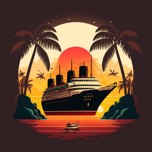 cartoon style cruise ship anchored by a tropical island at sunset