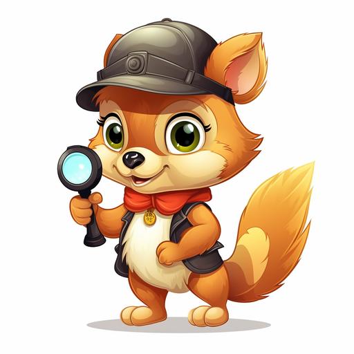 cartoon style cute baby female squirrel in detective hat holding magnifying glass with a mischievous expression