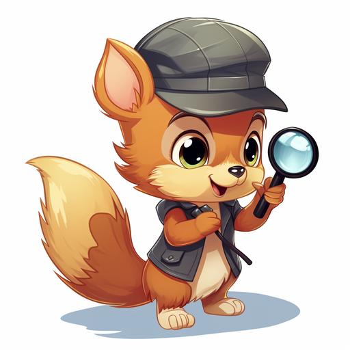 cartoon style cute baby female squirrel in detective hat holding magnifying glass with a mischievous expression