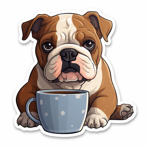 cartoon style cute bulldog drinking coffee sticker