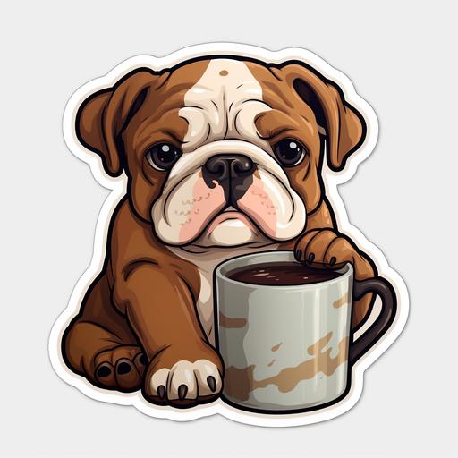 cartoon style cute bulldog drinking coffee sticker