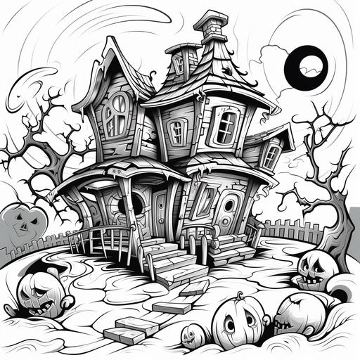 cartoon style, halloween haunted house, cartoon style, thick lines, low detail, black and white, no shading