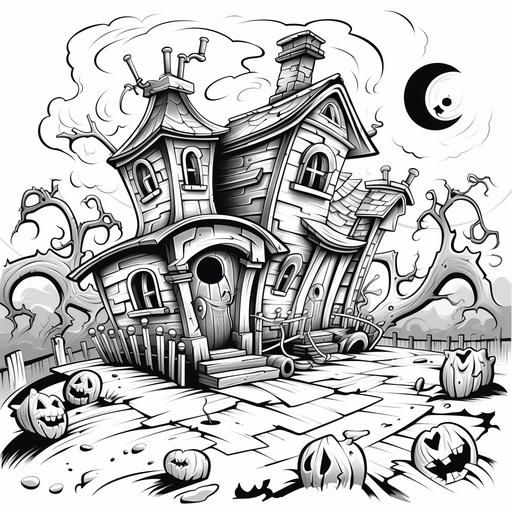 cartoon style, halloween haunted house, cartoon style, thick lines, low detail, black and white, no shading