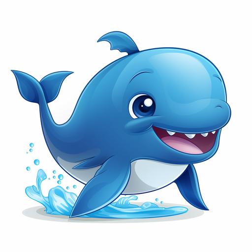 cartoon style happy blue whale with pure white background