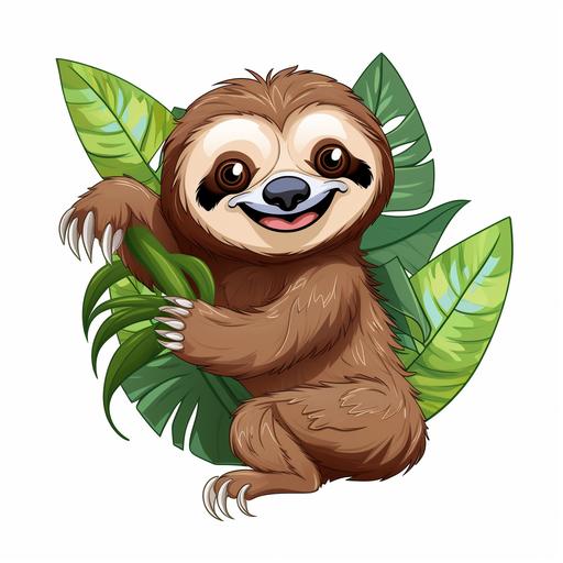 cartoon style happy sloth with pure white background