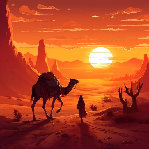 cartoon style illustration, desert and a child riding a camel towards sunset