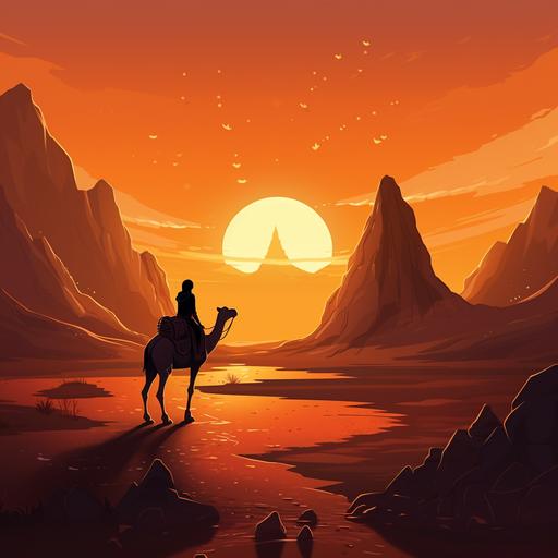 cartoon style illustration, desert and an Arabic child riding a camel towards sunset, 2D and simple details