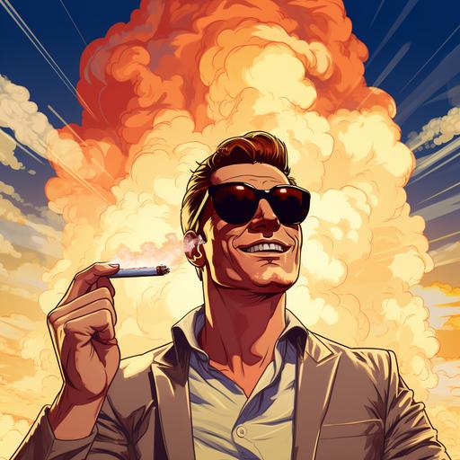 cartoon style image: explosion background, one person completely relaxed with the pointer finger on his nose and smoking a cigar, aviator glass on is face
