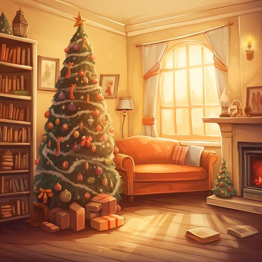 cartoon style living room of a sweet home with a Christmas tree, sepia colors
