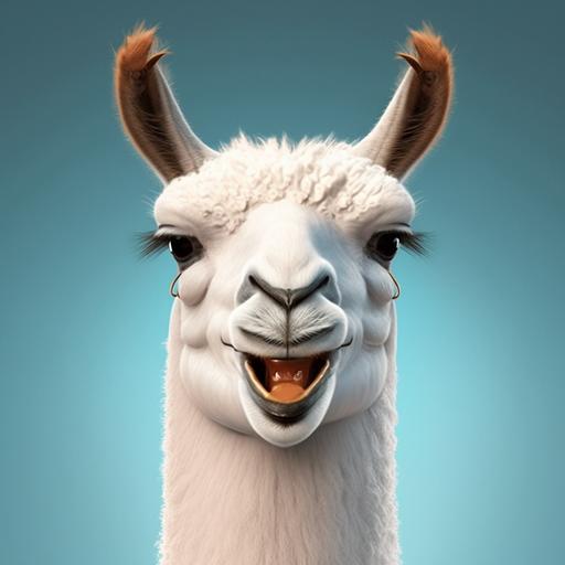 cartoon style llama smiling, happy face, 8k resolution