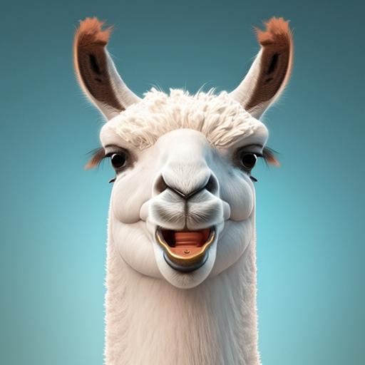 cartoon style llama smiling, happy face, 8k resolution