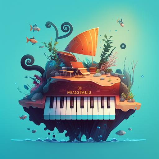 cartoon style, logo, piano, sea, melody, 4k, hyper quality --ar 16:16