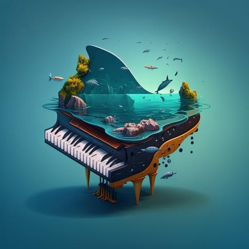 cartoon style, logo, piano, sea, melody, 4k, hyper quality --ar 16:16