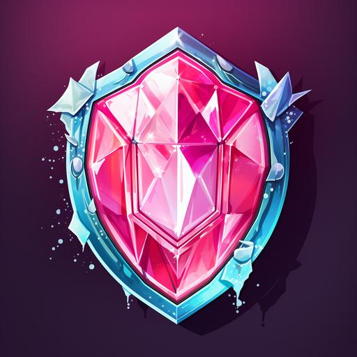 cartoon style logo,diamond shaped shield, pink in color, ice and snow covering the shield, icicles hanging off the edges, hard edges with contrast