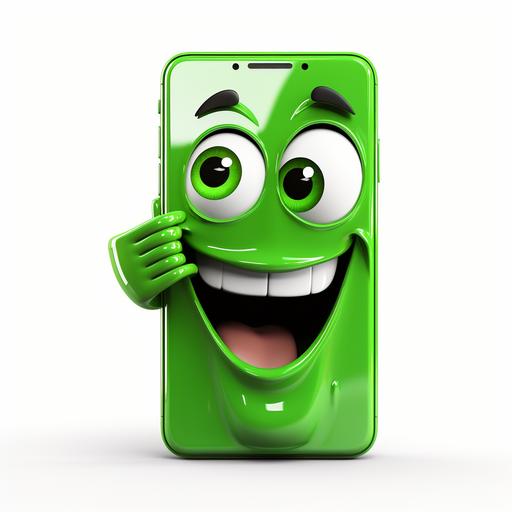 cartoon style of green smartphone in a funny, kids friendly, hands over mouth, and smiling eyes, recycling electronics message, high resolution, realistic style, transparent background,