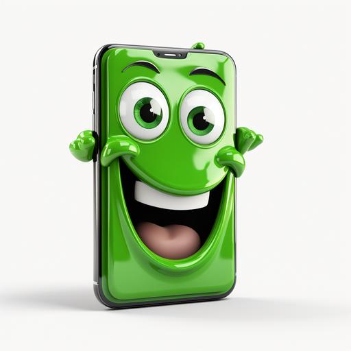 cartoon style of green smartphone in a funny, kids friendly, hands over mouth, and smiling eyes, recycling electronics message, high resolution, realistic style, transparent background,