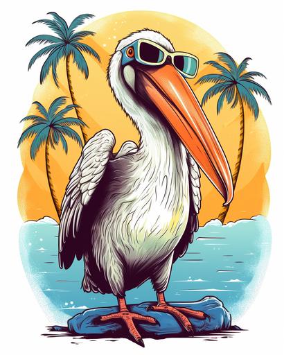 cartoon style pelican wearing sunglasses at the beach with palm trees, t-shirt design, vivid colors, detailed, white background, --ar 4:5 --v 5