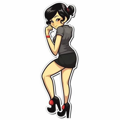 cartoon style, pinup girl, standing, bending forward, wearing a small black bickini, black short hair with a hand shape slap mark on her butt cheek, sticker
