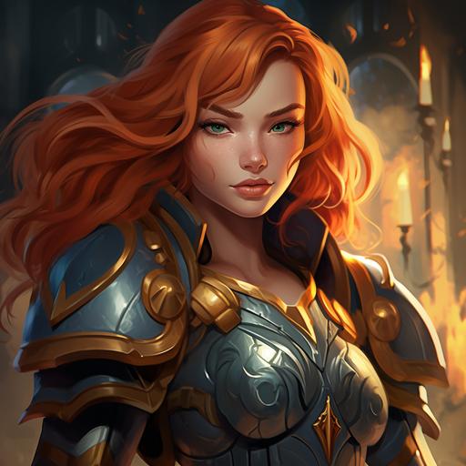 cartoon style, red-haired woman from the world of warcraft universe with innocent face, pouty lips, green eyes, casting fire magic, she wears a dark blue and gold armor