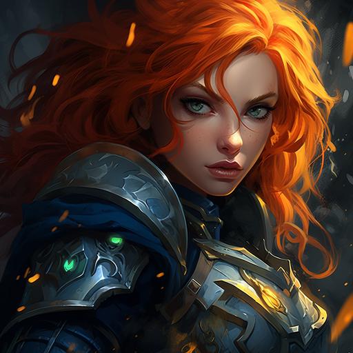 cartoon style, red-haired woman from the world of warcraft universe with innocent face, pouty lips, green eyes, casting fire magic, she wears a dark blue and gold armor