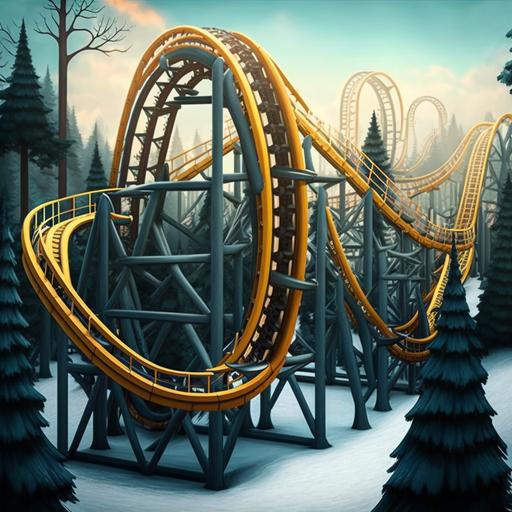 cartoon style roller coaster which is extreme but high quality without broken, whole coaster, all beautiful details, takes place in the forest with winter weather conditions