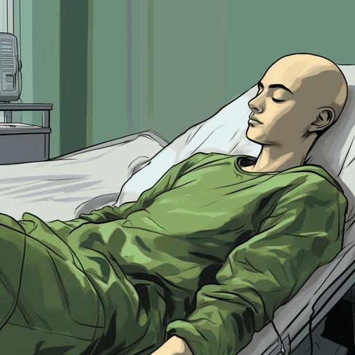 cartoon style sketch, side view of a teenager with bald head and stubble hair lying in a hospital bed, he is wearing a light green t shirt and black jogger pants, deep art, anime style, artistic, 4k--ar 5:9