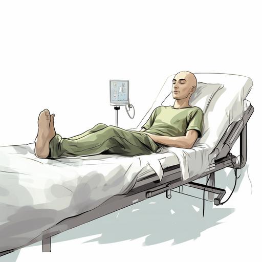 cartoon style sketch, side view of a teenager with bald head and stubble hair lying in a hospital bed, he is wearing a light green t shirt and black jogger pants, top view, white background, deep art, anime style, artistic, 4k--ar 5:9