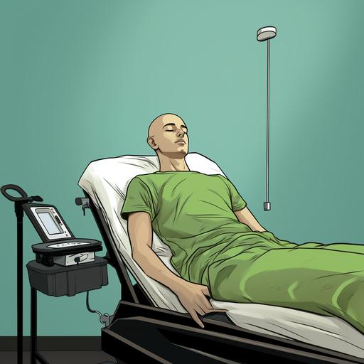 cartoon style sketch, side view of a teenager with bald head and stubble hair lying in a hospital bed, he is wearing a light green t shirt and black jogger pants, deep art, anime style, artistic, 4k--ar 5:9