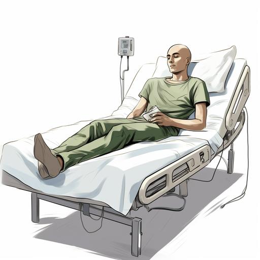 cartoon style sketch, side view of a teenager with bald head and stubble hair lying in a hospital bed, he is wearing a light green t shirt and black jogger pants, top view, white background, deep art, anime style, artistic, 4k--ar 5:9