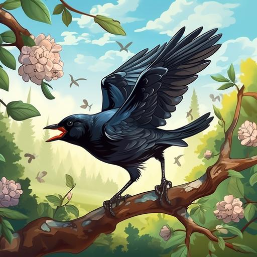 cartoon style, spread wings blackbird sitting on the branch. trees, plants, bushes, berries. full background