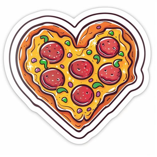 cartoon style sticker cute heart shaped pizza with pepperoni and topping cheesy pull cartoon sticker