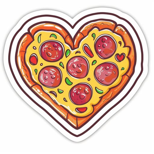 cartoon style sticker cute heart shaped pizza with pepperoni and topping cheesy pull cartoon sticker