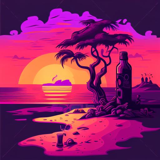 cartoon style, without outline, vector, purple sunset with blue cloud, beach, toilet brush tree on the beach, beer bottle on the beach and is the center of the picture