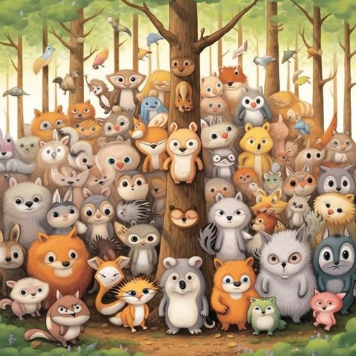 cartoon style, woodland animal babies with porcupines, bears, deers, birds, fox, owls all gathered together for a huge family photo with the tree's in the background