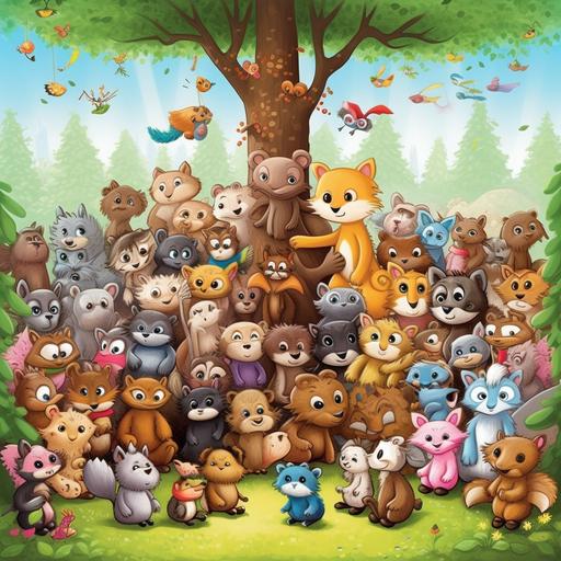 cartoon style, woodland animal babies with porcupines, bears, deers, birds, fox, owls all gathered together for a huge family photo with the tree's in the background
